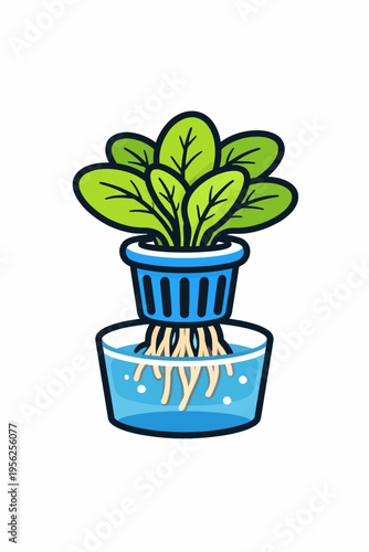 Cartoon illustration of a green plant in a blue pot with water reservoir for hydroponic system or smart gardening