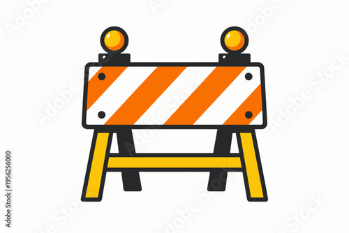 Cartoon illustration of an orange and white roadblock sign with yellow legs and lights on top for construction or safety warnings.