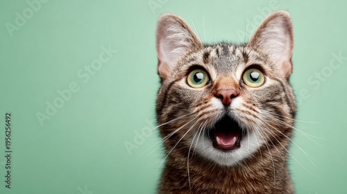 Surprised tabby cat with wide eyes and open mouth against a pastel green background