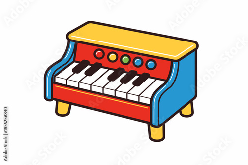 Colorful cartoon illustration of a childrens toy keyboard with buttons and white keys on a white background