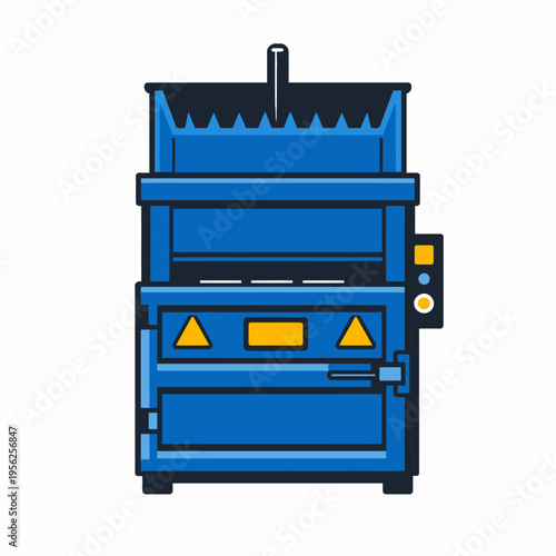 Industrial blue cardboard box compactor machine with yellow warning signs and control panel