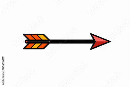 A colorful cartoon arrow with orange and yellow fletching pointing to the right on a white background, symbolizing direction and movement.
