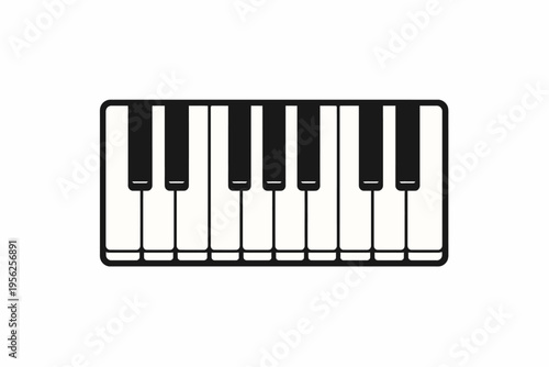 Black and white illustration of a piano keyboard with eight keys on a white background for music or instrument concepts