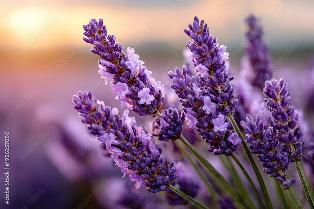 Obraz premium Close-up shot of beautiful lavender flowers in a field during golden hour, creating a soft, ethereal atmosphere and showcasing their delicate purple hues with sunlit warmth.