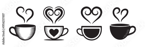 Set of four assorted coffee cups with heart shaped steam indicating warm feelings