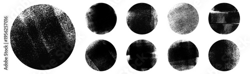 Grunge rolled ink circle shapes set handmade with brayer. Letterpress vintage rough round stamps, frames, banner templates. Vector illustration isolated on transparent background
