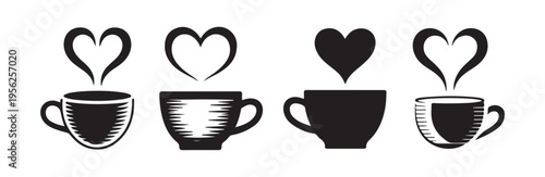 Coffee love symbols vector set representing hot drinks with heart steam icons
