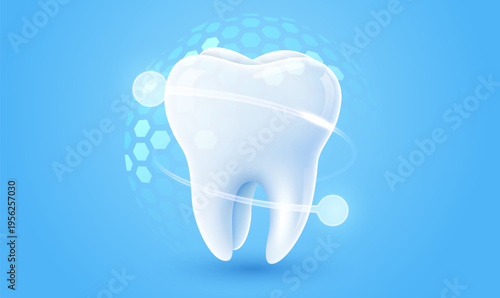 3d realistic vector healthy glowing tooth. Shield around white tooth. Dental care, protection and whitening.