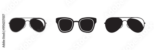 Collection of aviator and square sunglasses icons with dark lenses for summer fashion accessories