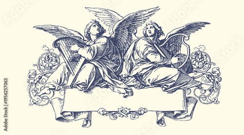 Antique Engraving of Four Cherubs in Decorative Scrollwork, Vintage Classical Illustration for Invitations or Ornamental Designs