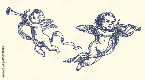 Vintage Engraving of Two Cherubs, One Playing a Trumpet and the Other a Violin, Floating with Ribbons, Antique Musical Illustration