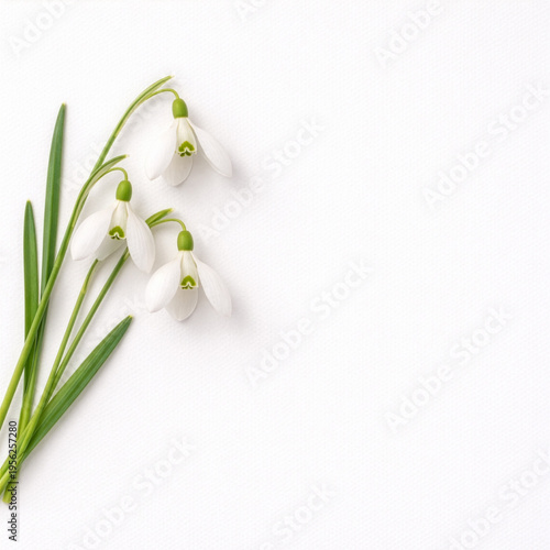 Drei weiße Schneeglöckchen auf weißem Hintergrund mit viel Platz für Text