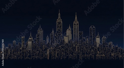 Night City Skyline Silhouette with Neon Outline Buildings