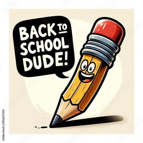 Pencil Back to School: A vibrant and expressive cartoon pencil, announcing the return to school with an enthusiastic message of Back to School Dude! ready to embark on a new academic adventure.