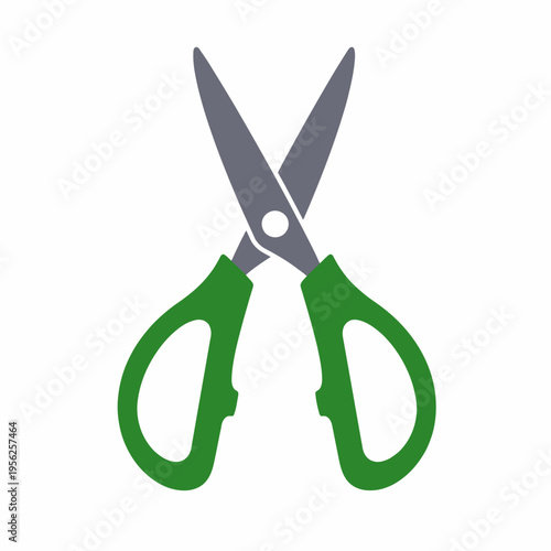 A pair of green handled scissors on a white background for cutting various materials with precision and ease always