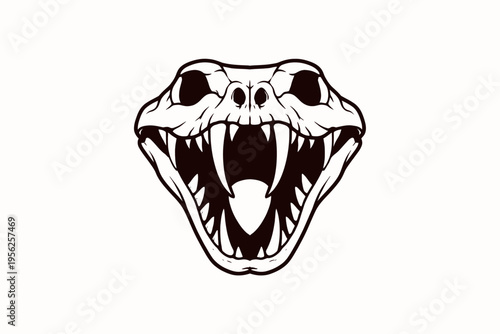 A cartoon illustration of a snake's head with its mouth open, showing sharp teeth on a white background.