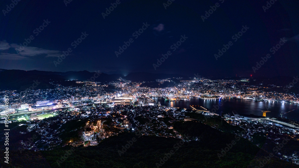 Fototapeta premium Magical hour night view of Nagasaki city and harbor from Mount Inasa.