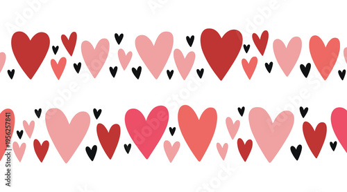 Minimalist hand drawn hearts border collection in flat style with varying sizes and colors for festive decor and scrapbooking projects featuring red pink and black icons on white backdrop