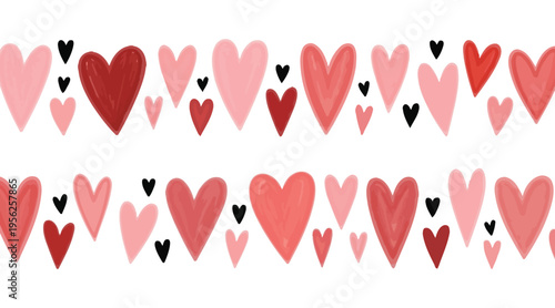 Romantic heart pattern border with watercolor texture and hand drawn style including red pink and black shapes for valentines day greeting cards and wedding decoration horizontal seamless