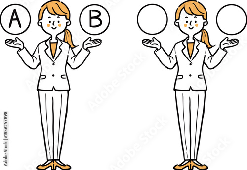 AとBの選択肢　若い女性会社員　全身　ベクター（オレンジ）