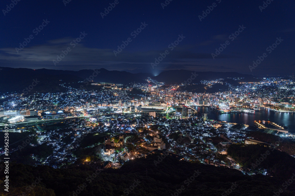 Fototapeta premium Magical hour night view of Nagasaki city and harbor from Mount Inasa.