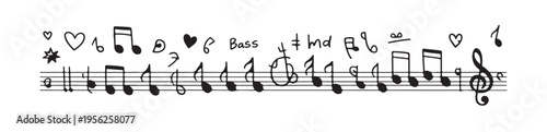 Music doodle set with handwritten notes treble clef and bass clef stars hearts