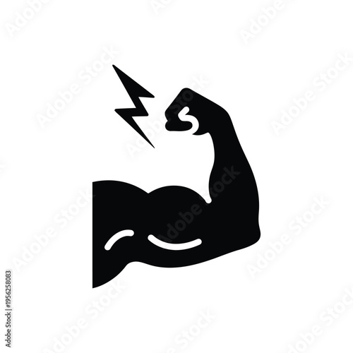 Muscular arm with lightning bolt icon representing body building strength energy powerful performance fitness training gym motivation athletic endurance and physical health development