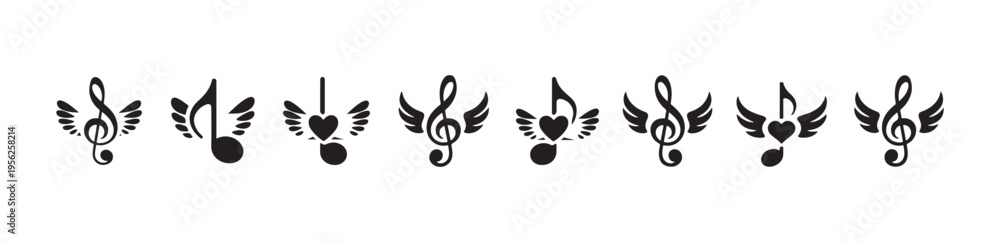 Fototapeta premium Musical notes with wings and hearts for creative design, vector illustration