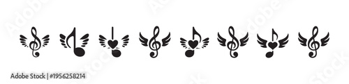 Musical notes with wings and hearts for creative design, vector illustration