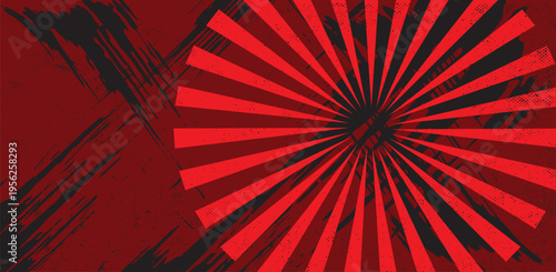 Red radial sunburst abstract background retro dynamic circle rays pattern