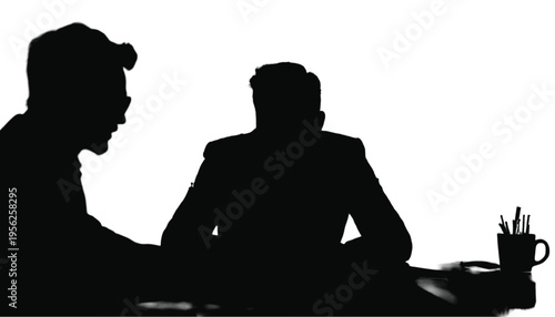 Two business figures are seen in silhouette, engaged in a focused discussion at a desk with office items.