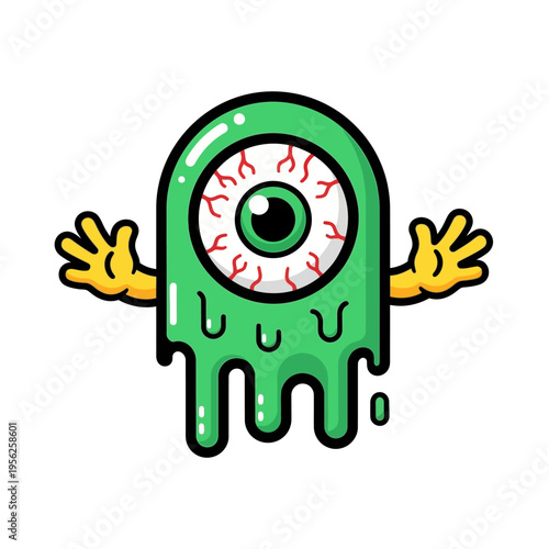 Cute Green Blob Monster with One Eye and Yellow Arms, Cartoon Character
