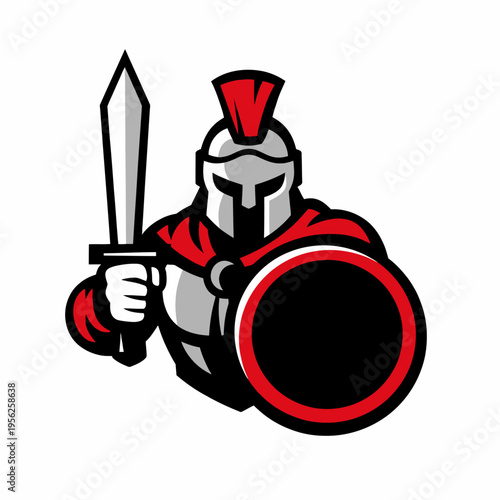 A bold graphic illustration of a roman soldier with a sword and shield on white background for protection and defense concepts