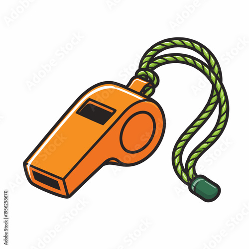 Vibrant orange referee whistle with green cord on white background for sports officials and referees worldwide