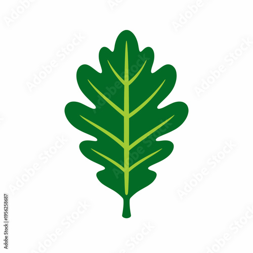 A vibrant green oak leaf with yellow veins on a white background, symbolizing nature and growth, ecology and sustainability concepts