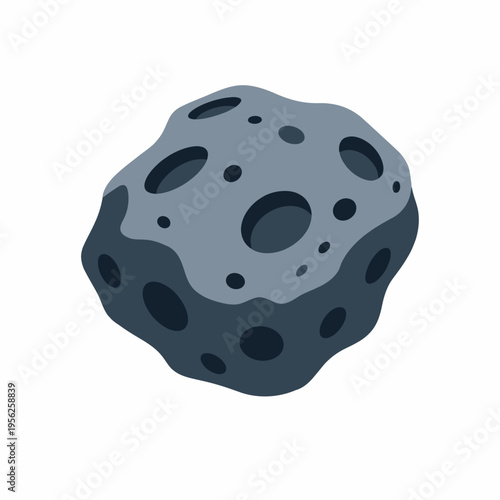 A cartoon illustration of a dark gray and light gray asteroid with numerous craters on its surface in space