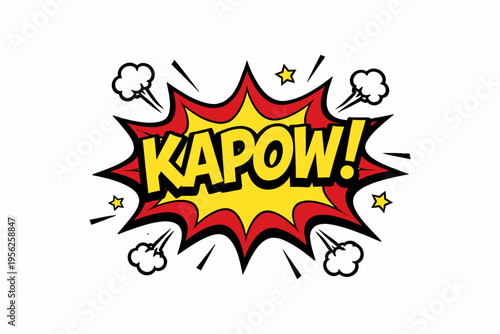 Vibrant comic book explosion effect with the word KAPOW in yellow letters on a white background with red and black accents and dynamic motion lines