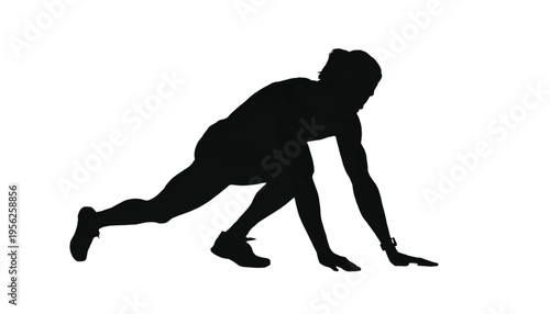 Male athlete silhouette is poised in a starting position, ready to sprint on a clean white background.
