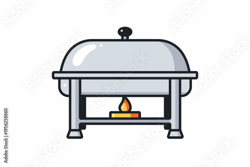 Cartoon illustration of a chafing dish with a flame underneath on white background