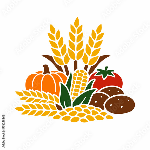 Harvest season produce with corn, pumpkin, wheat, tomato and potatoes on white background