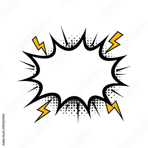 Empty Retro Comic Book Speech Bubble with Lightning Bolts and Halftone Dots