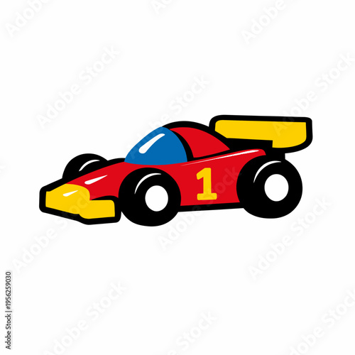 Colorful cartoon illustration of a red race car with number one on side, speeding on white background, racing concept
