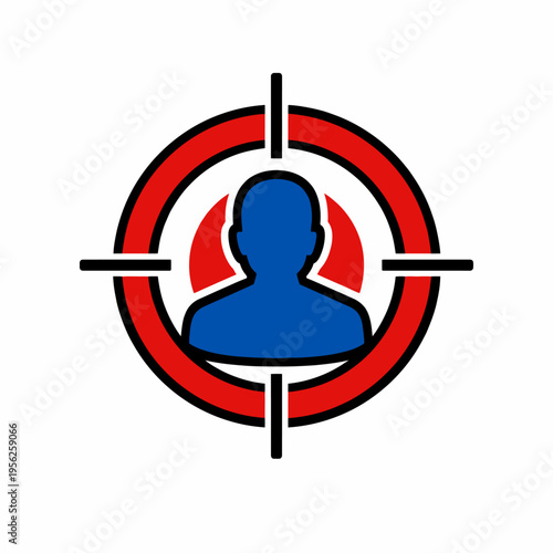 A blue silhouette of a person in the center of a red target with crosshairs on a white background, symbolizing focus or targeting an individual