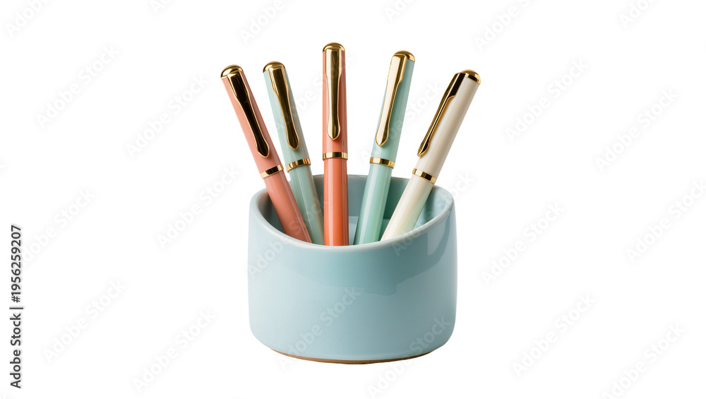 Fototapeta premium Isolated five elegant colorful pens in a light blue ceramic holder for office supplies