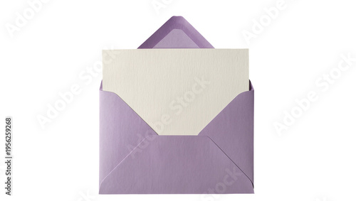 Isolated open purple paper envelope with blank textured off-white card mockup, ready for text