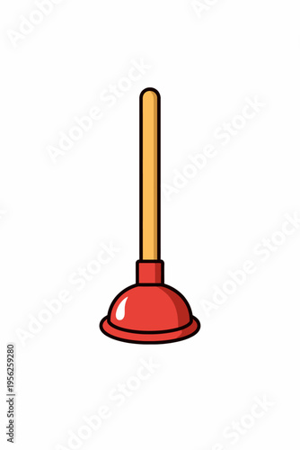 A cartoon-style illustration of a red toilet plunger with a wooden handle on a white background