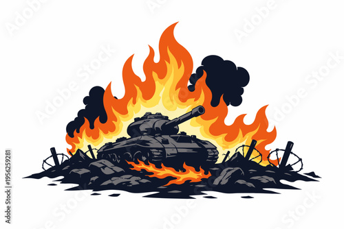 A gray tank on fire with flames and smoke on a pile of rubble and barbed wire on a white background