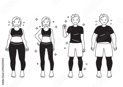 ダイエット・痩せた男性と女性のイラスト　ビフォーアフター