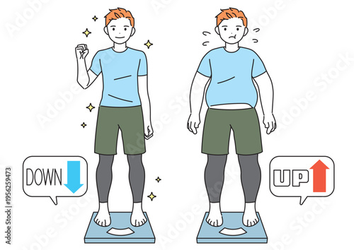 ダイエット・痩せた男性が体重計に乗るイラスト　ビフォーアフター