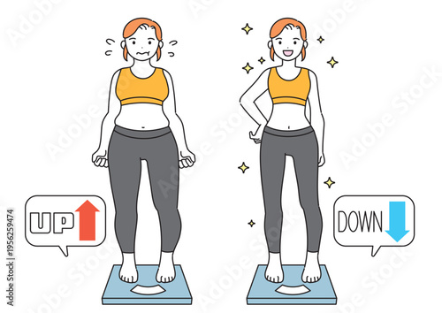 ダイエット・痩せた女性が体重計に乗るイラスト　ビフォーアフター